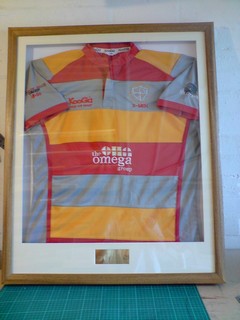 Peterborough Lions RUFC shirt framing with Brass plate engraving.
